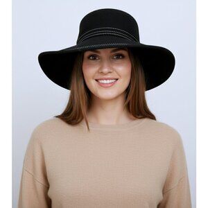 Callanan Millinery Wool Contrast Stitch with Bow Wide Brim Hat Black White Women